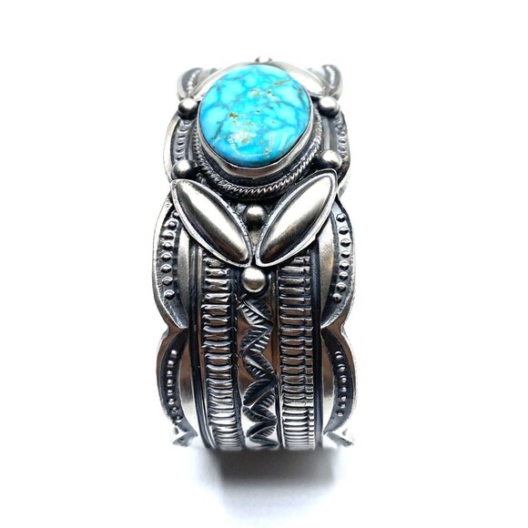 navajo handmade sterling silver kingman turquoise cuff bracelet - Picture 5 of 7